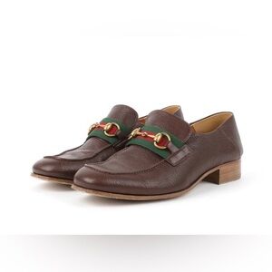 Gucci-Brown Leather Bonny Loafers-G/R/G Web,Gold HB & Collapsible Heel  10.5
